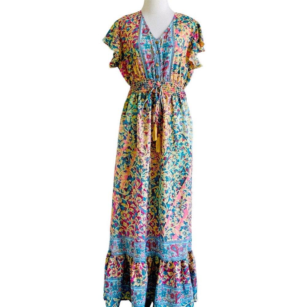 LAPOGEE Maxi Dress Medium Lightweight INDIA Design Silky Paisley Boho Peasant